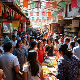 A vibrant and bustling marketplace scene filled with joyful interactions between diverse groups of customers and vendors