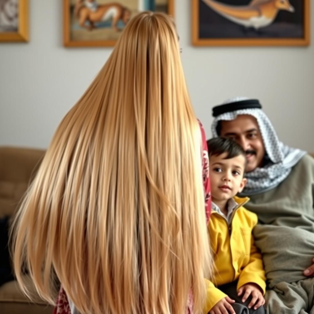 A family scene featuring a mother with long, silky, flowing hair reaching to the middle of her back, wearing a traditional Palestinian dress