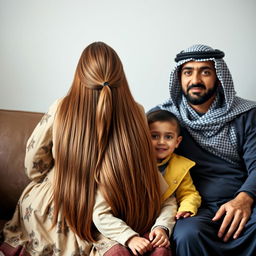 A family scene featuring a mother with long, silky, flowing hair reaching to the middle of her back, wearing a traditional Palestinian dress