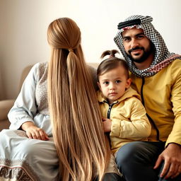 A family scene featuring a mother with long, silky, flowing hair reaching to the middle of her back, wearing a traditional Palestinian dress