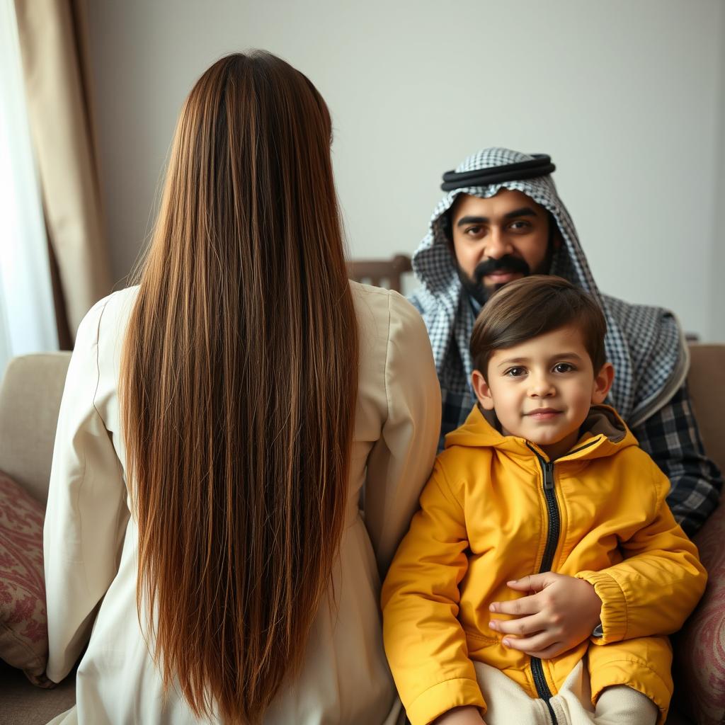 A family scene featuring a mother with long, silky, flowing hair reaching to the middle of her back, wearing a traditional Palestinian dress