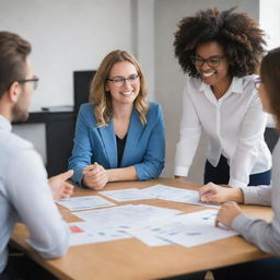 A professional coordinator actively facilitating a team collaboration in a friendly, optimistic workspace environment