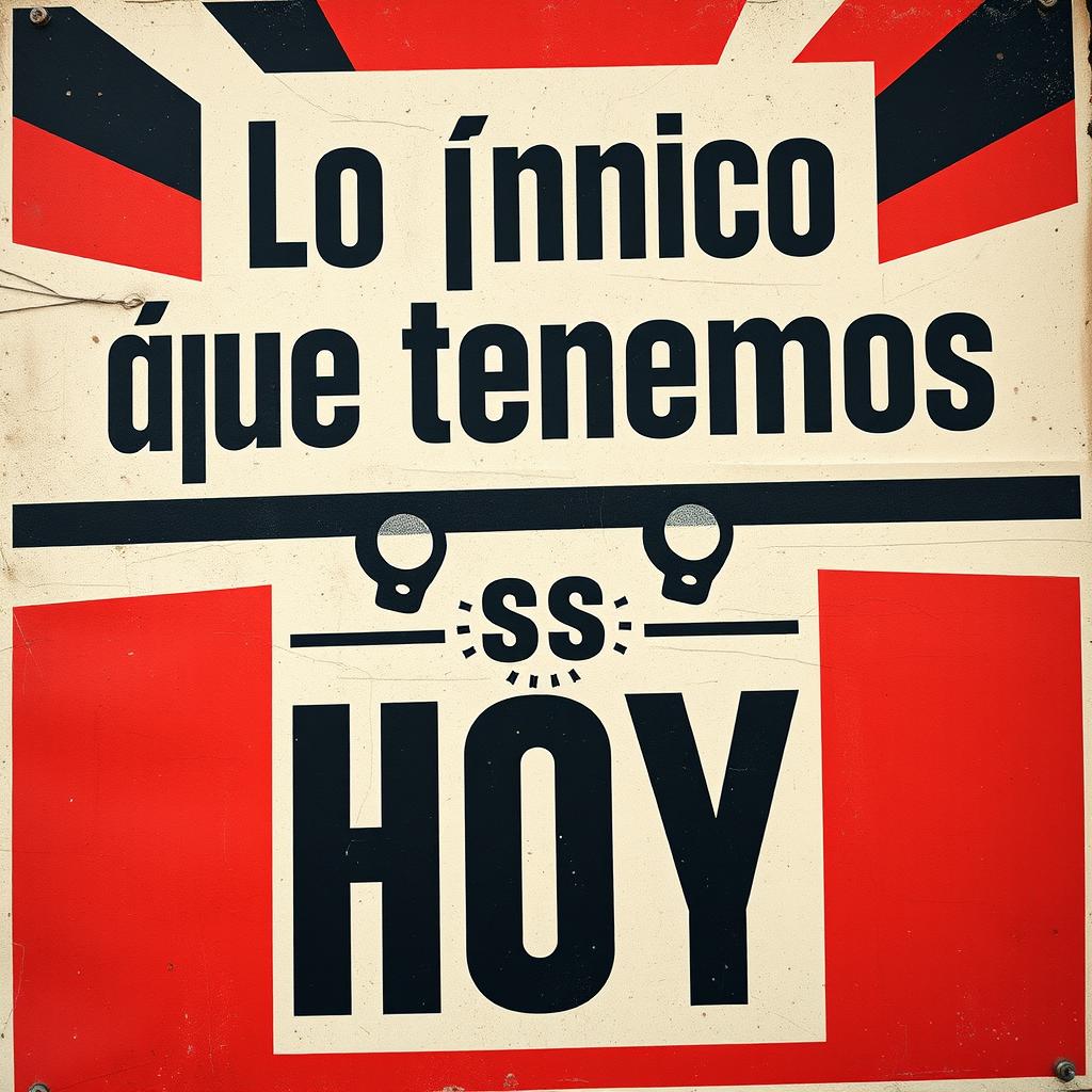 A street art poster in the style of vintage Russian propaganda posters with the phrase "Lo único que tenemos es HOY" prominently displayed