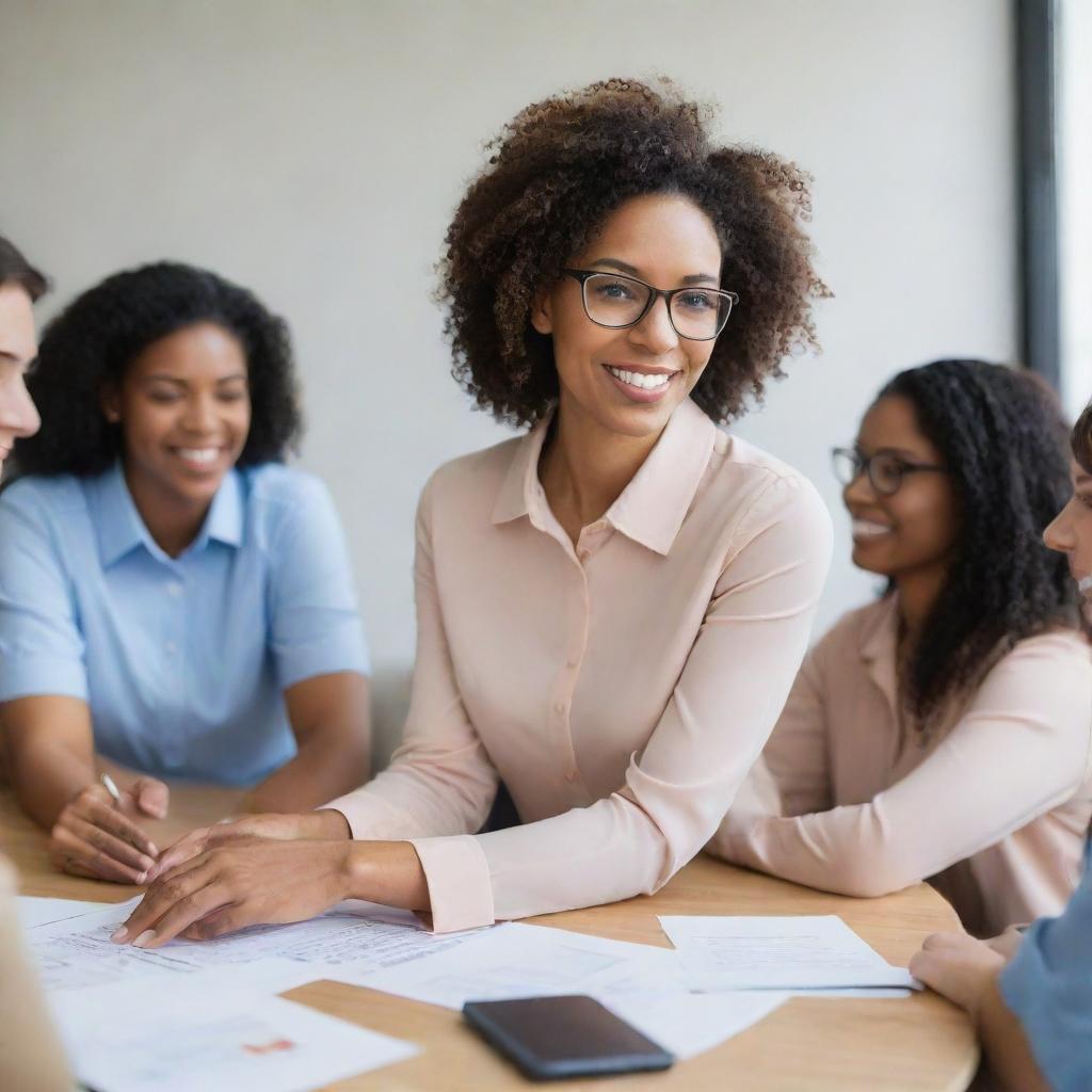 A professional coordinator actively facilitating a team collaboration in a friendly, optimistic workspace environment