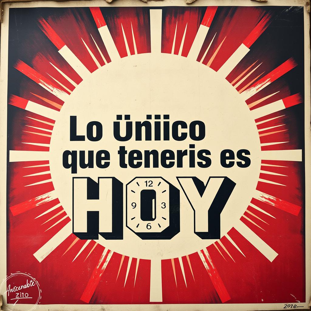 A street art poster in the style of vintage Russian propaganda posters with the phrase "Lo único que tenemos es HOY" prominently displayed