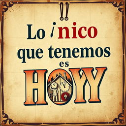 A street art poster in a vintage style, featuring the phrase "Lo único que tenemos es HOY" prominently