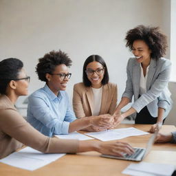 A professional coordinator actively facilitating a team collaboration in a friendly, optimistic workspace environment