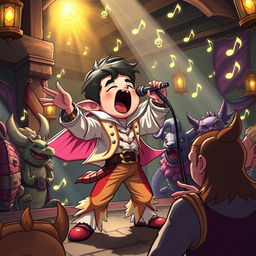 A whimsical D&D scene featuring a halfling character passionately singing in the iconic style of Freddie Mercury