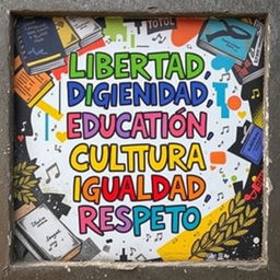 A street art poster featuring the words "Libertad, Dignidad, Educación, Cultura, Igualdad, Respeto" prominently