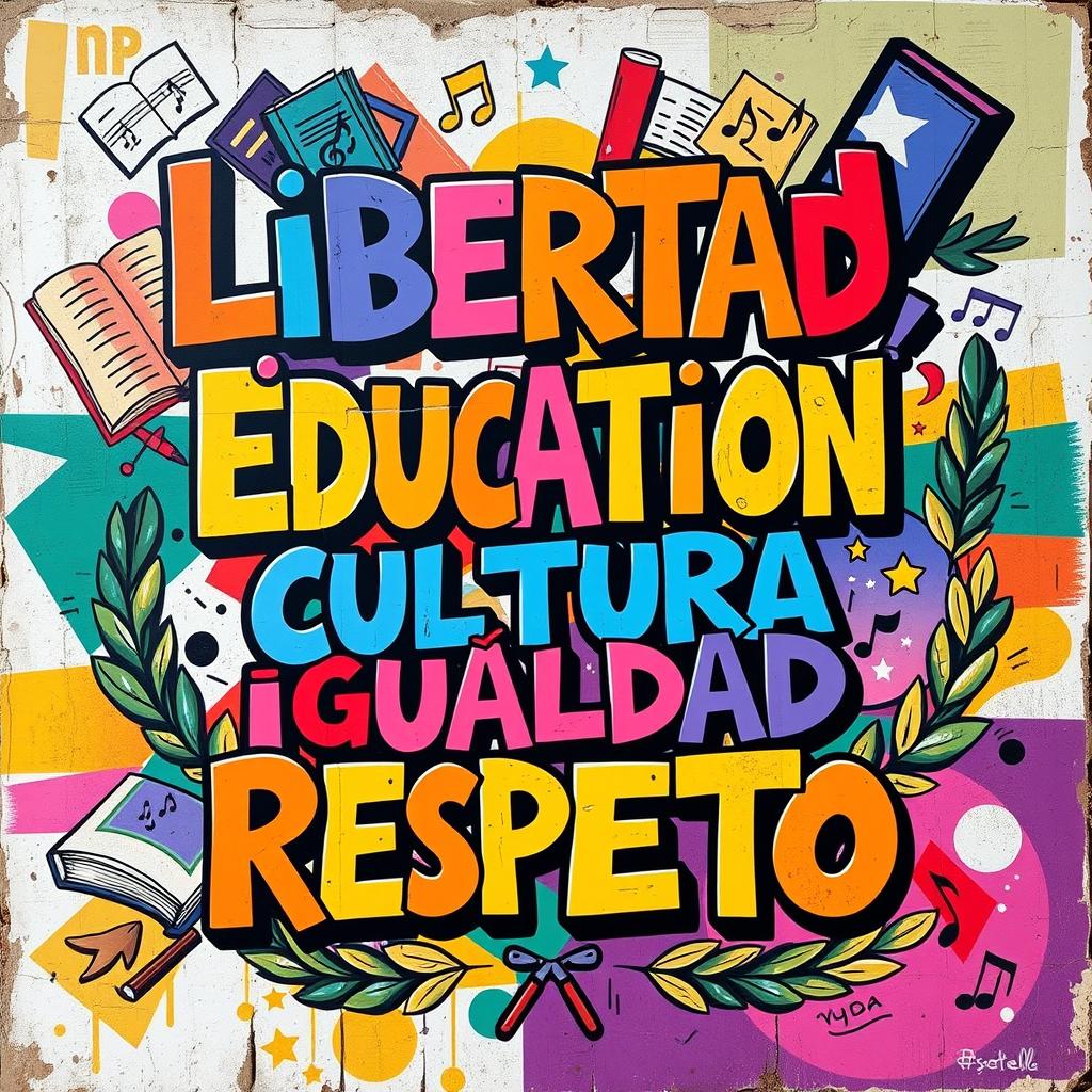 A street art poster featuring the words "Libertad, Dignidad, Educación, Cultura, Igualdad, Respeto" prominently