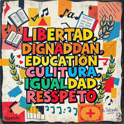 A street art poster featuring the words "Libertad, Dignidad, Educación, Cultura, Igualdad, Respeto" prominently