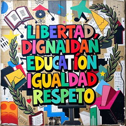 A street art poster featuring the words "Libertad, Dignidad, Educación, Cultura, Igualdad, Respeto" prominently