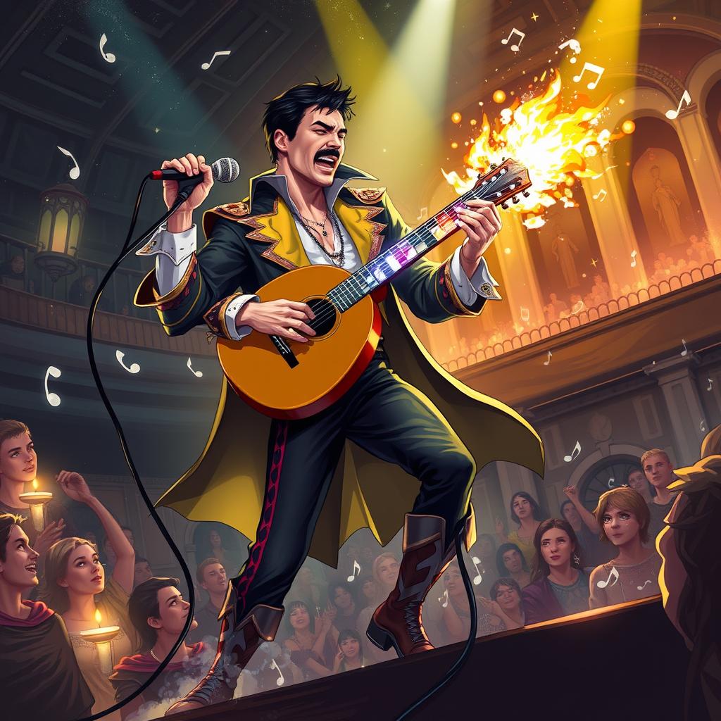 A dynamic and imaginative illustration of a D&D bard character inspired by Freddie Mercury