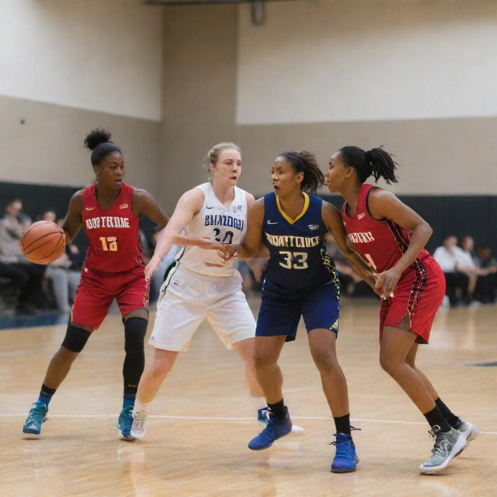 Competitive women's basketball team in action during a high-stakes game