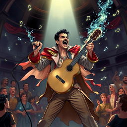 A dynamic and imaginative illustration of a D&D bard character inspired by Freddie Mercury