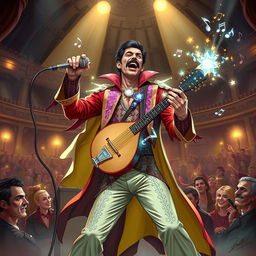 A dynamic and imaginative illustration of a D&D bard character inspired by Freddie Mercury