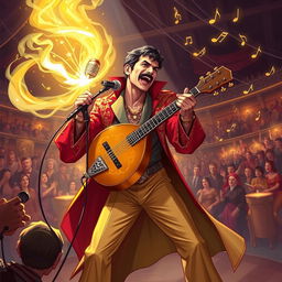 A dynamic and imaginative illustration of a D&D bard character inspired by Freddie Mercury