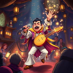 A captivating illustration of a D&D bard character that embodies the spirit of Freddie Mercury as a halfling