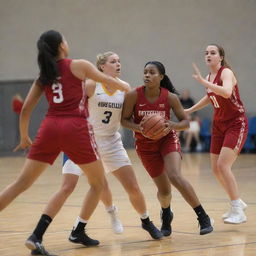 Competitive women's basketball team in action during a high-stakes game