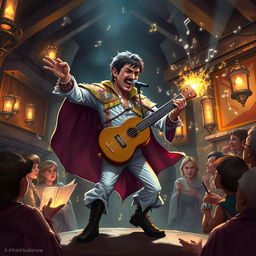 A captivating illustration of a D&D bard character that embodies the spirit of Freddie Mercury as a halfling