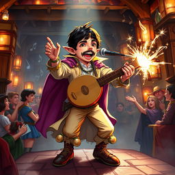 A captivating illustration of a D&D bard character that embodies the spirit of Freddie Mercury as a halfling