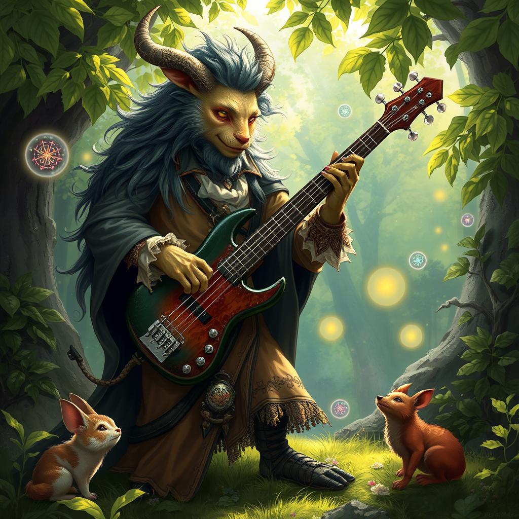 An enchanting D&D illustration featuring a firbolg bard with Italian flair, playing a mystical bass guitar