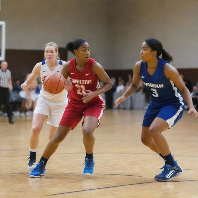 Competitive women's basketball team in action during a high-stakes game