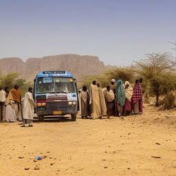 Ethiopian individuals patiently waiting for a bus, set against a rural backdrop showcasing the unique landscape and environment.