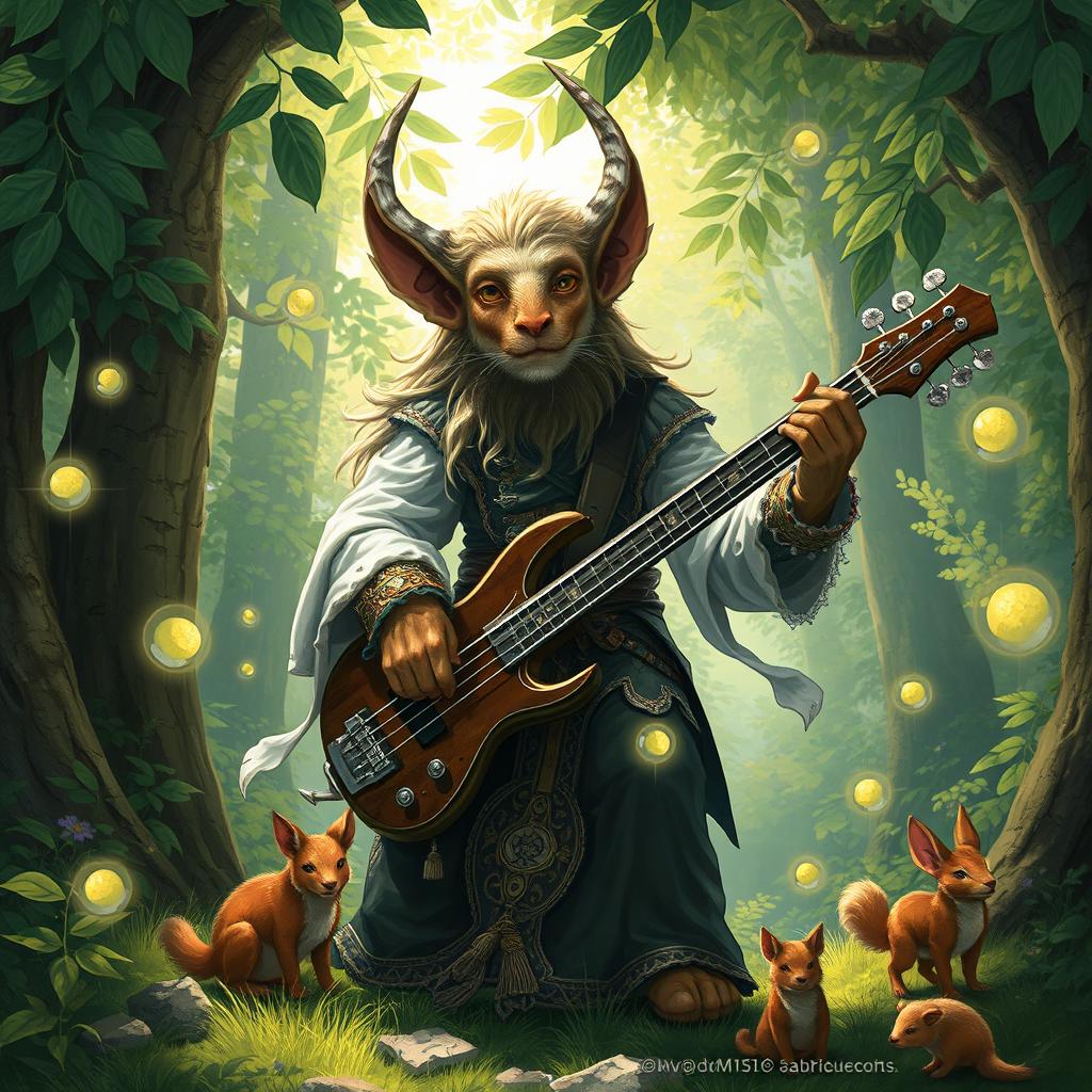 An enchanting D&D illustration featuring a firbolg bard with Italian flair, playing a mystical bass guitar