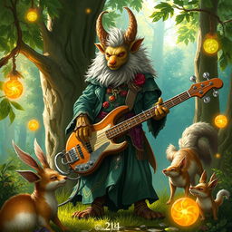 An enchanting D&D illustration featuring a firbolg bard with Italian flair, playing a mystical bass guitar