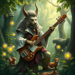 An enchanting D&D illustration featuring a firbolg bard with Italian flair, playing a mystical bass guitar