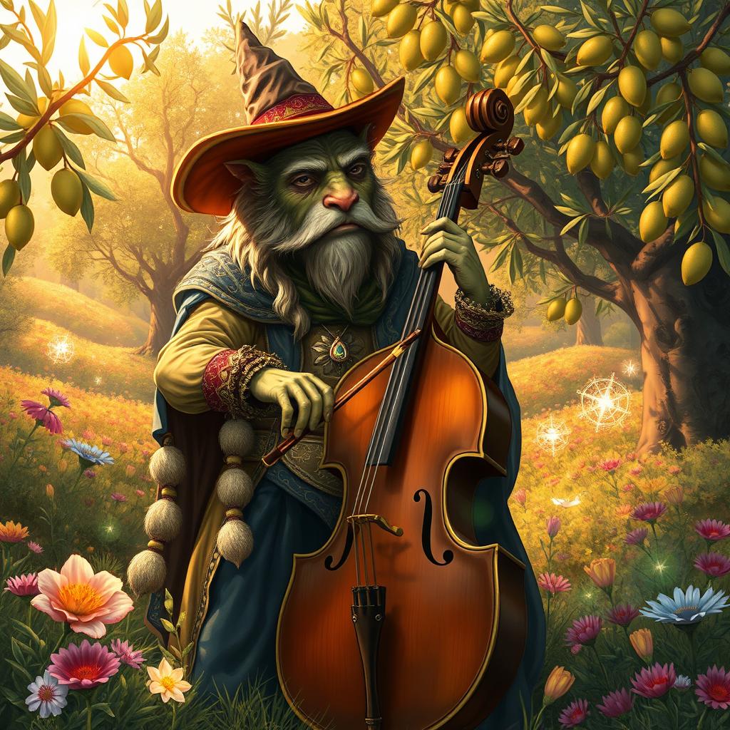 An enchanting illustration of a D&D firbolg bard, inspired by Italian culture, skillfully playing an elegant bass cello