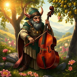 An enchanting illustration of a D&D firbolg bard, inspired by Italian culture, skillfully playing an elegant bass cello