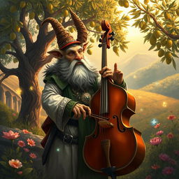 An enchanting illustration of a D&D firbolg bard, inspired by Italian culture, skillfully playing an elegant bass cello