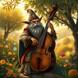 An enchanting illustration of a D&D firbolg bard, inspired by Italian culture, skillfully playing an elegant bass cello