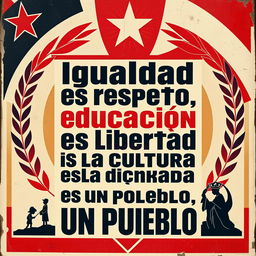 A street art poster designed in the style of vintage Russian propaganda art, featuring the phrase "Igualdad es respeto, educación es libertad y la cultura es la dignidad de un pueblo