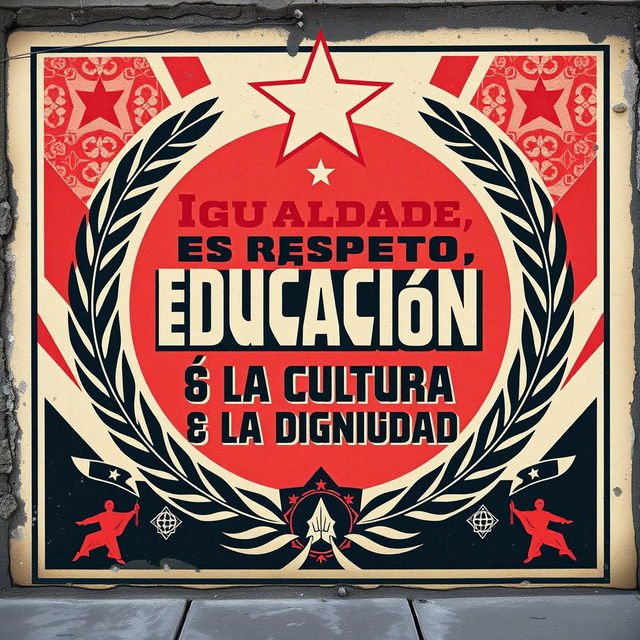 A street art poster designed in the style of vintage Russian propaganda art, featuring the phrase "Igualdad es respeto, educación es libertad y la cultura es la dignidad de un pueblo