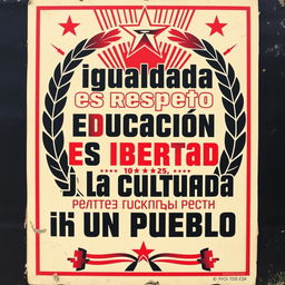 A street art poster designed in the style of vintage Russian propaganda art, featuring the phrase "Igualdad es respeto, educación es libertad y la cultura es la dignidad de un pueblo