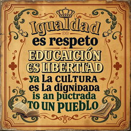 A street art poster in a vintage style, featuring the phrase "Igualdad es respeto, educación es libertad y la cultura es la dignidad de un pueblo