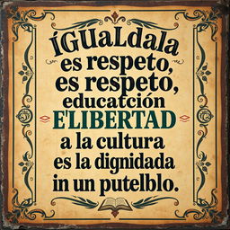 A street art poster in a vintage style, featuring the phrase "Igualdad es respeto, educación es libertad y la cultura es la dignidad de un pueblo