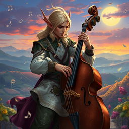 A stunning illustration of a male elf bard in a D&D setting, passionately playing a bass cello with Italian influences