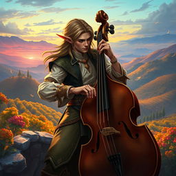 A stunning illustration of a male elf bard in a D&D setting, passionately playing a bass cello with Italian influences