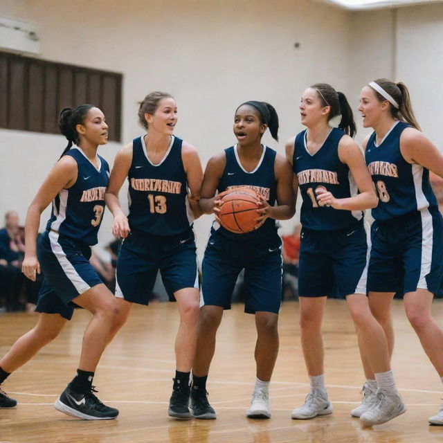 A dynamic women's basketball team mid-game, demonstrating teamwork and skill