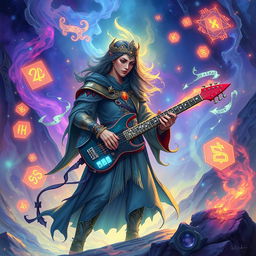 A magical D&D illustration featuring an ethereal bard playing a keyboard guitar, also known as a keytar