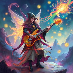 A magical D&D illustration featuring an ethereal bard playing a keyboard guitar, also known as a keytar