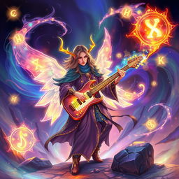 A magical D&D illustration featuring an ethereal bard playing a keyboard guitar, also known as a keytar