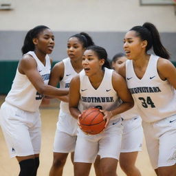 A dynamic women's basketball team mid-game, demonstrating teamwork and skill