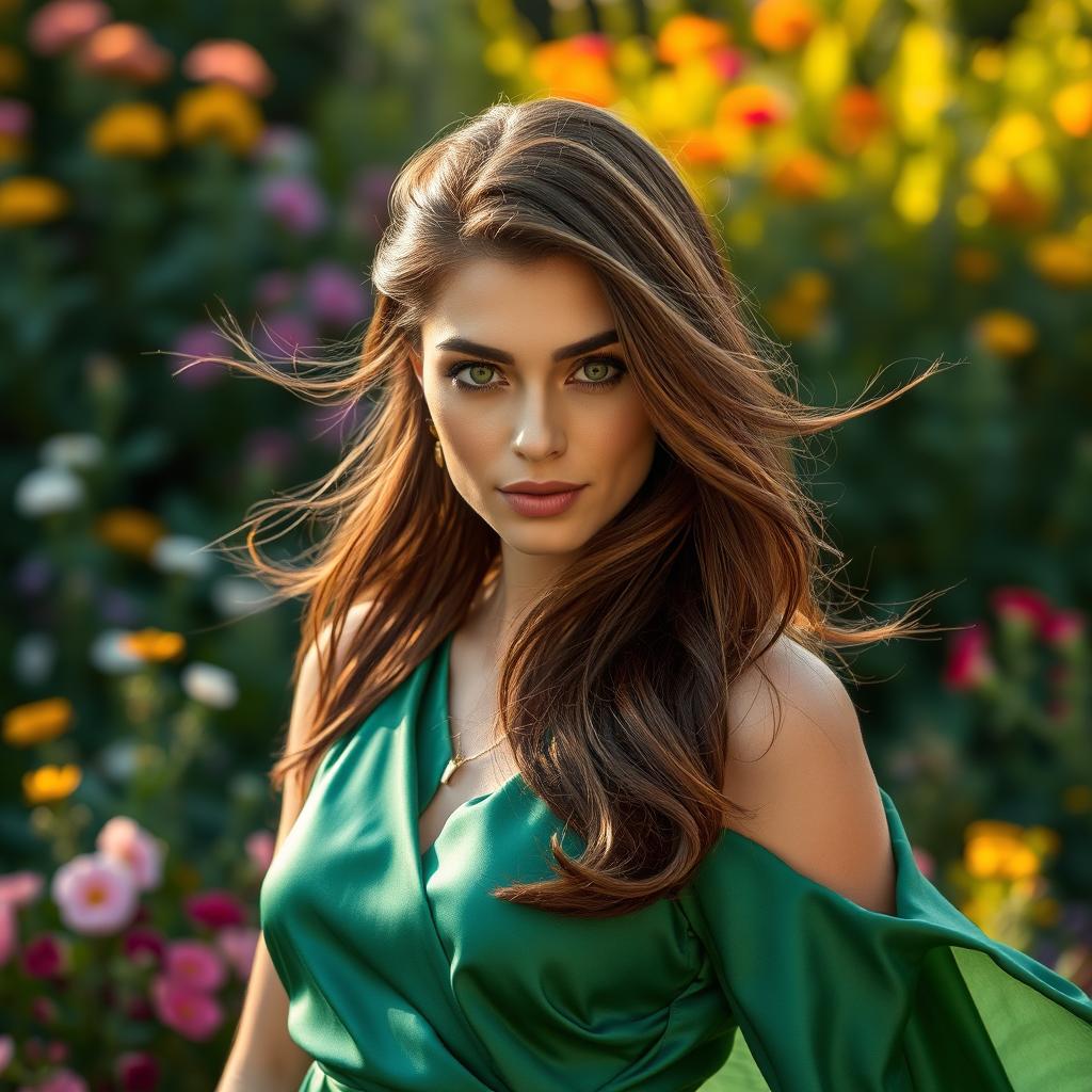 A portrait of an elegant woman exuding confidence and grace, with flowing brunette hair and striking green eyes