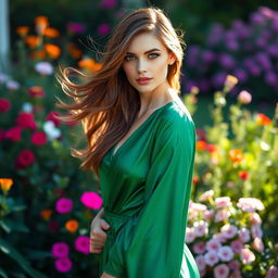 A portrait of an elegant woman exuding confidence and grace, with flowing brunette hair and striking green eyes