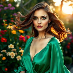 A portrait of an elegant woman exuding confidence and grace, with flowing brunette hair and striking green eyes